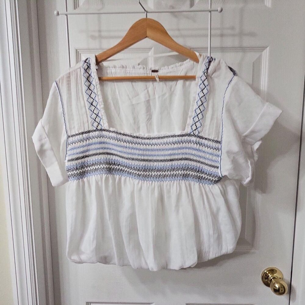Free People Smocked Embroidered Blouse White